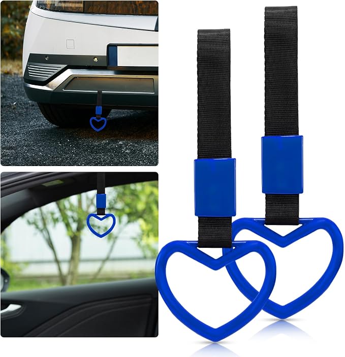 2 Pcs Heart Shaped Car Handle Strap – JD M Drift Charm Rear Bumper Warning Ring Decor for Car Interior Exterior, Subway Bus Handle Accessory, Cute Heart Car Decor Gift for Drivers (Blue)