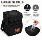 Car Trash Can Premium 3-Gallon Waterproof with Lid, Foldable Leakproof Auto Garbage Bin Organizer with Adjustable Strap, Reflective Interior & Mesh Storage Pockets (Black)