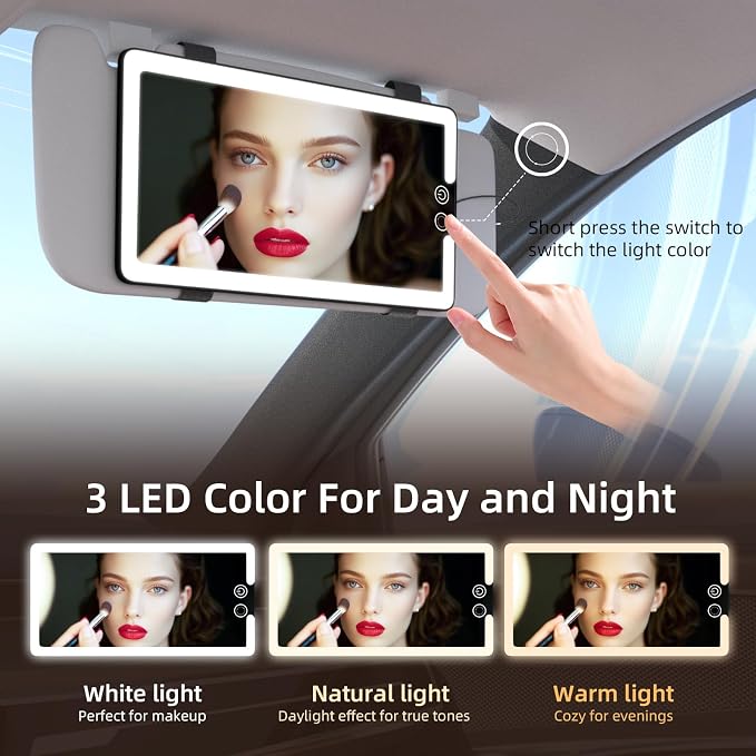 Sun Visor Vanity Mirror, LED Dimmable Car Mirror with 3 Light Modes, Easy to Install & Equip Strap Mounting, for Women's Makeup, Women's First Choice (solar car sun visor)