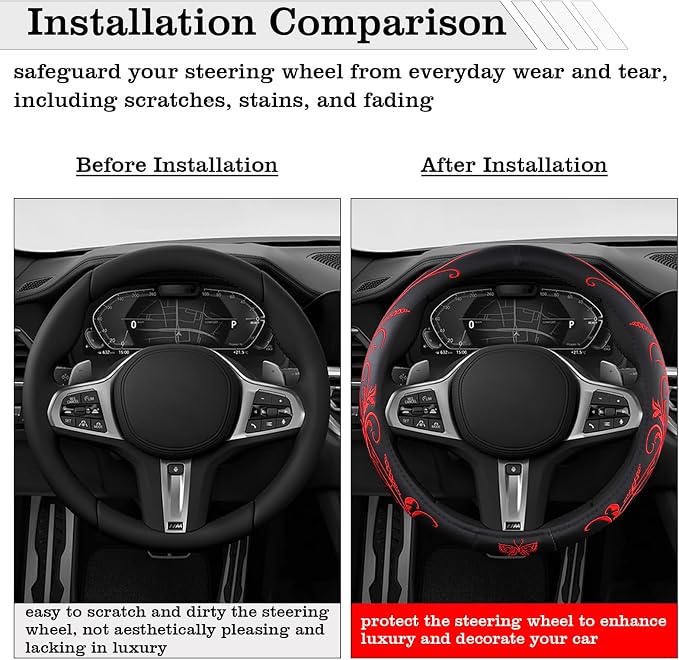 Car Leather Steering Wheel Cover - Panapi Material, Universal 14.5-15 Inch Leather Anti-Slip Breathable Auto Steering Wheel Covers for Men Women (Embroidery-Red)