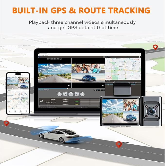 3 Channel Dash Cam, 4K+1080P+1440P Front Inside and Rear Car Camera, Free 128G Card, Triple Dash Camera Built-in WiFi GPS, HDR Night Vision, G Sensor, 170° Wide Angle, 24H Parking Mode