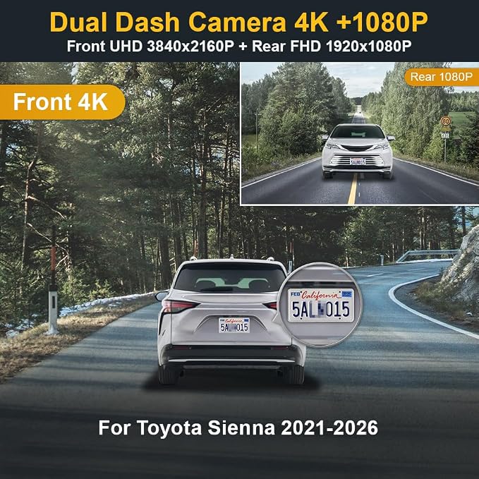 Front 2160P+Rear 1080P Dash Cam for 2021-2026 Toyota Sienna LE Limited XLE Platinum XSE (XL40), OEM Factory Look, Dual HD Video, WiFi & APP, Loop Recording, G-Sensor, Easy to Use, 128GB Card