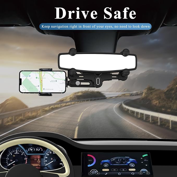 Phone Mount for Car, Rear View Mirror Phone Holder, Rotatable and Retractable Car Phone Holder Mount Rearview Mirror Phone Holder for Car Compatible with iPhone Samsung Cell Phones (Blue)