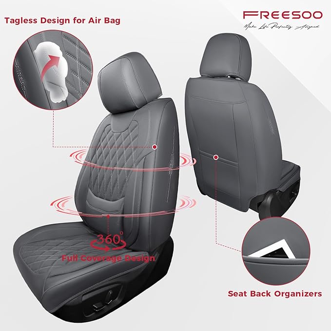 Gray Car Seat Cover Full Set - Faux Nappa Leather Seat Covers for Cars, Luxury Breathable Waterproof Front Seats Cushion Protectors with Lumbar Support, Universal Fit for Sedans SUVs Pickups