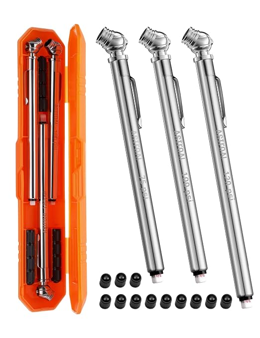 Pencil Tire Pressure Gauge (10-75PSI,100PSI,120PSI), Valve Caps with Case, Stainless Steel Body, and Metal Made Nozzle 3 Measurements for Cars, Bikes, Vehicles