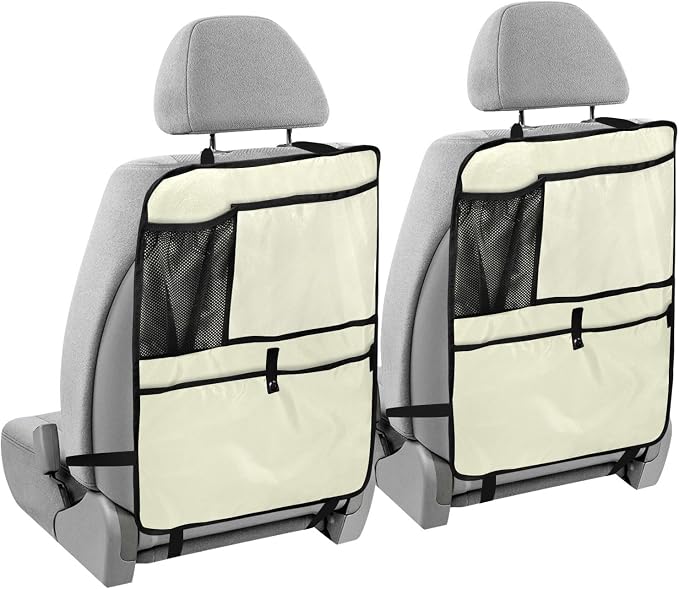 Seat Back Organizer Light Yellow Car Kick Mats with Pockets Protector, Back of Front Seat Cover for Kids Feet