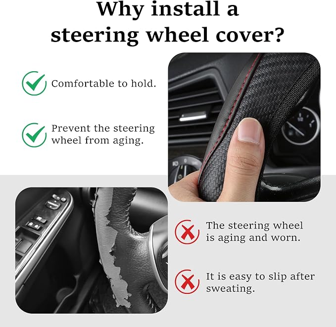Car Steering Wheel Cover, 15 inch Carbon Fiber Microfiber Anti-Slip Breathable PU Leather Elastic Steering Wheel Protector, Car Interior Accessories for Most Cars (Black)