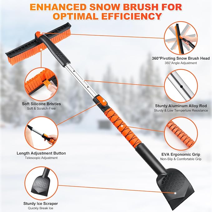 45.7" Extendable Snow Brush and Larger Ice Scrapers for Car Windshield, Scratch-Free Snow Brush with 360° Pivoting Head & Non-Slip Foam Grip, Ice Removal Tool for Car, SUV, Trucks