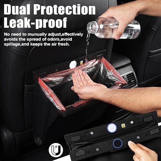 Car Trash Can with Smart LED Light, Magnetic Closure Leather Car Trash Bin, Cars Garbage Organizer and Storage with Automotive Trashs Bag for Backseat Console Door Suvs, Leak Proof Odor Lock