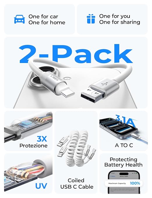 Coiled USB C Cable, 2 Pack for Android Auto & CarPlay Cable, Short USB A to USB C Cable Compatible with iPhone 17/16/15, Samsung Galaxy S25/S24/S23 A15/A14, Google Pixel 9/8, White 4FT