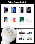 3-Port 70W Fast Car Charger for iPhone 14 13 12 11 Pro Max Plus Mini SE XR XS X 8 7 6, iPad, 2Pack USB Carplay Cord &Lightnings Charging Cable and USB-C&A Car Charger Adapter Cigarette Lighter