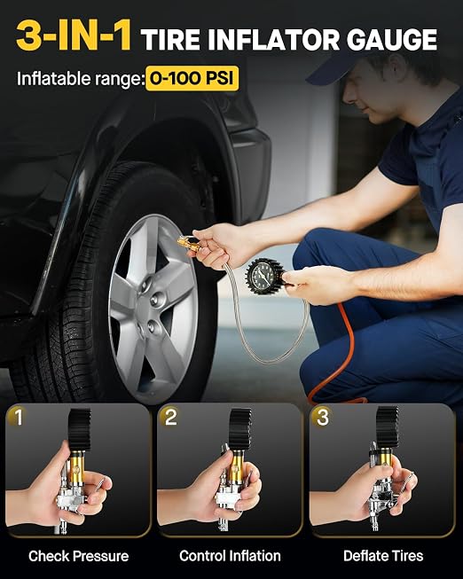 Tire Inflator with Pressure Gauge (0-100 PSI) with Large 2" Glow Dial- ANSI B40.1 Accurate, Premium Braided Hose, Durable Rubber Cover, Perfect for Car, Truck, Motorcycle, RV
