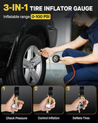 Tire Inflator with Pressure Gauge (0-100 PSI) with Large 2" Glow Dial- ANSI B40.1 Accurate, Premium Braided Hose, Durable Rubber Cover, Perfect for Car, Truck, Motorcycle, RV