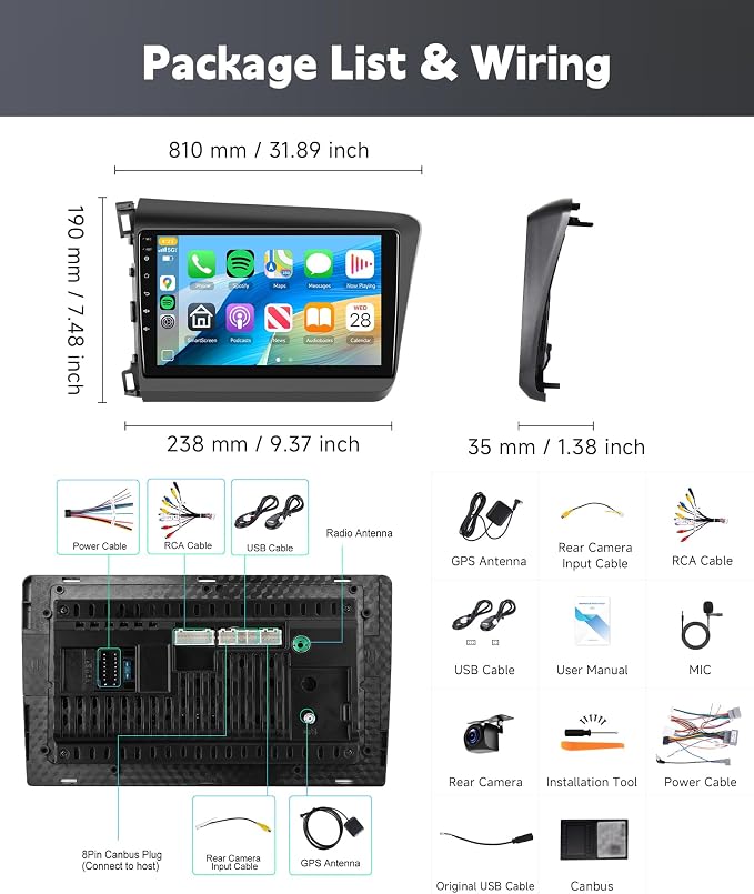6+128G Car Stereo for Honda Civic 2012 2013 2014 2015 8Core Wireless Carplay Android Auto,9" IPS Touch Screen Radio, Android/GPS/WiFi/FM AM RDS/32EQ/BT5.0/SWC/Backup Camera for Honda Civic Radio