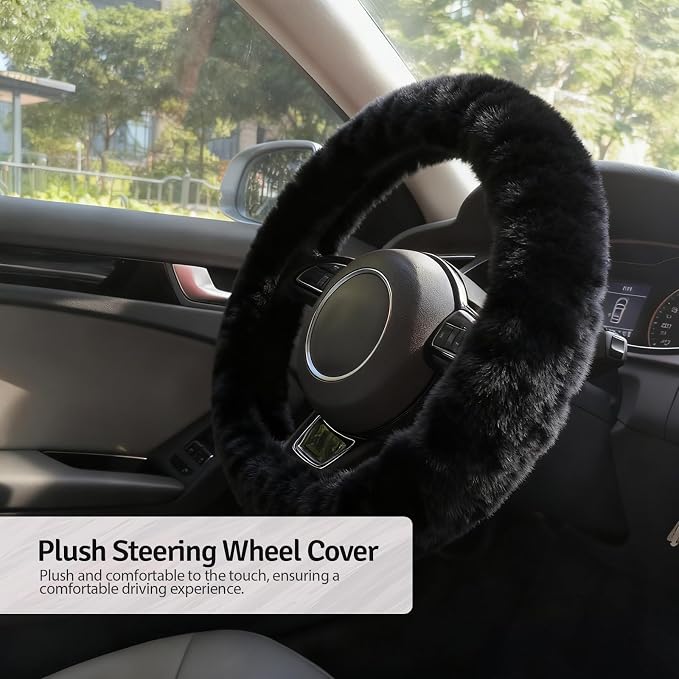 Fluffy Steering Wheel Cover 3PCS Set – Plush Fuzzy Fur Steering Wheel Cover with Gear Shift Cover & Handbrake Cover, Winter Warm Car Accessories, Car Interior Accessories for Women (Black)