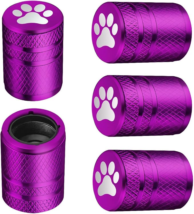 Tire Valve Stem Caps - (5 Pack) Metal Air Caps with Plastic Liner, Corrosion Resistant, Leak-Proof, Dog Cat Paw Universal Stem Covers for Cars Trucks Motorcycles and Bikes - Purple