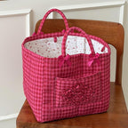 Floral Fabric Storage Basket Car Interior Storage Basket Underwear Sundries Laundry Baskets Supplies Home Organizer Bag (Rose red plaid)