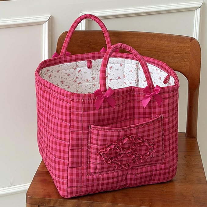 Floral Fabric Storage Basket Car Interior Storage Basket Underwear Sundries Laundry Baskets Supplies Home Organizer Bag (Rose red plaid)