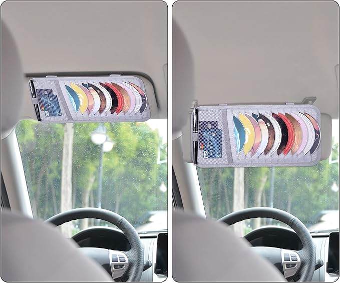 Car CD Case Holder, Vehicle Sun Visor Organizer for Cars with 12 DVD Storage Sleeves, 1 Mesh Pocket, 1 Pen Holder and Elastic Strap, Gray