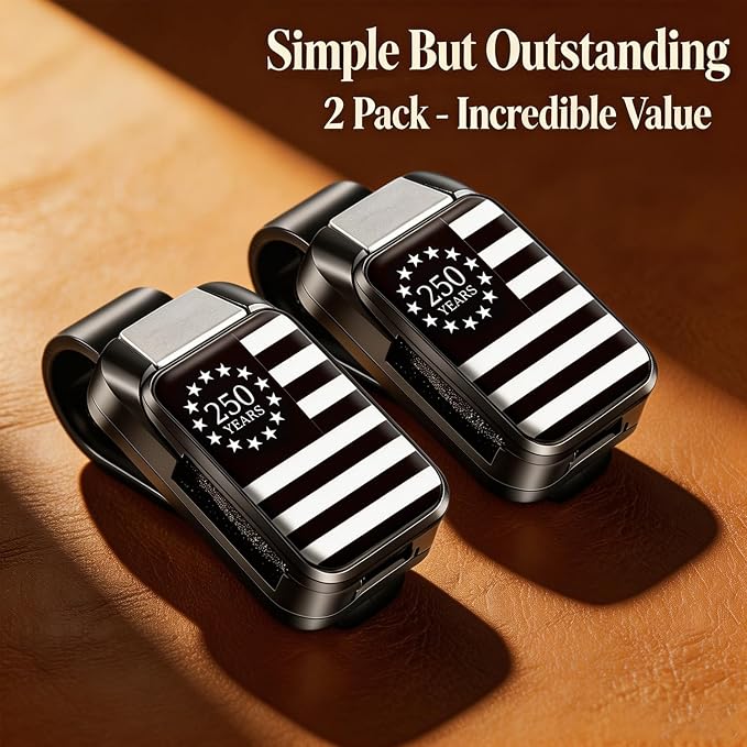 2 Pack Sunglasses Holder for Car, One-Handed-Operation Visor Sunglass Holder Clip, Easy Access Storage for Driving,Universal Fits (Black-White-250 Anniversary USA Flag)