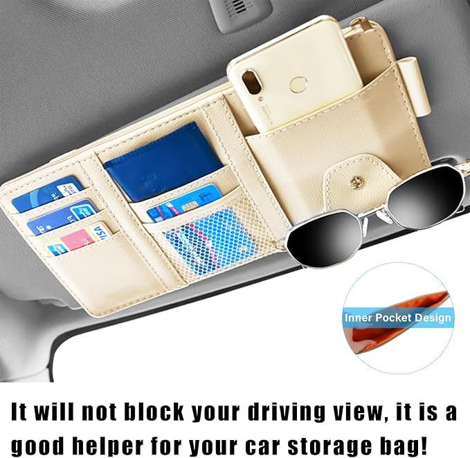 Car Sun Visor Organizer, Leather Personal Belonging Storage Pouch with Zipper, Car Visor Storage Pouch Sunglasses Holder, Auto Interior Accessories Pocket Organizers (Beige)