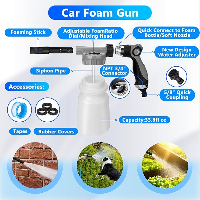 Car Wash Detailing Kit with Foam Gun, Car Cleaning Kit Set,Car Wash Brush with Long Handle, Large Folding Bucket for Interior Exterior Car Wash Supplies, Car Gift Set Gray