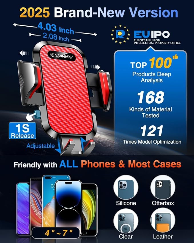Phone Holders for Your Car 2026 Ultimate Phone Mount Military-Grade Windshield Dashboard Vent【Newest Best Strongest】 Cell Phone Car Mount for iPhone 16 Pro Max 15 Samsung Android,Red