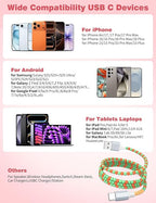 USB A to USB C Cable 6FT,Beaded Charger Cord for iPhone 17 16 Pro Max 17e 15 Car play,Type C Cute Car Charger Cord for iPad 10 11th A16/Samsung S26 S25 S24 S23 FE/Android Phone Girl Women,Green-Orange