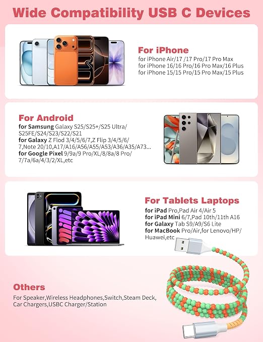 USB A to USB C Cable 3FT,Beaded Charger Cord for iPhone 17 16 Pro Max 17e 15 Car play,Type C Cute Car Charger Cord for iPad 10 11th A16/Samsung S26 S25 S24 S23 FE/Android Phone Girl Women,Green-Orange