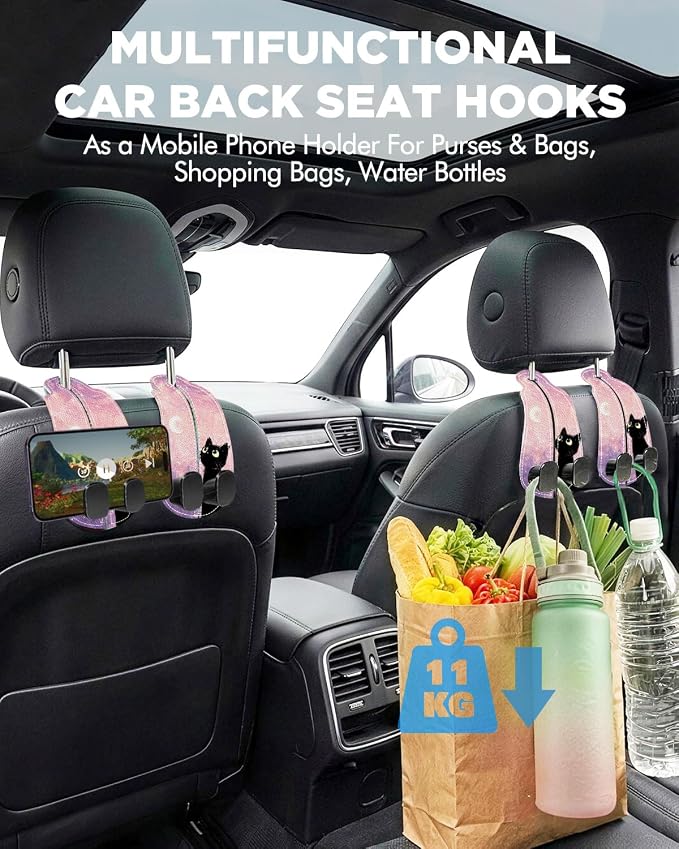 Purse Holder for Car, 2 Pack Heavy Duty Purse Hanger for Car, PU Leather Car Seat Hooks for Purses and Bags, Cute Pink Starry Sky Cat Headrest Organizer for Handbags & Backpacks