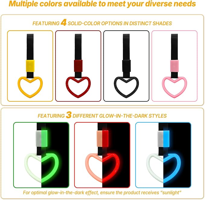 2 Pcs Heart Shaped Car Handle Strap – Drift Charm Rear Bumper Warning Ring Decor for Car Interior Exterior, Subway Bus Handle Accessory, Cute Heart Car Decor Gift for Women & Men (Yellow)
