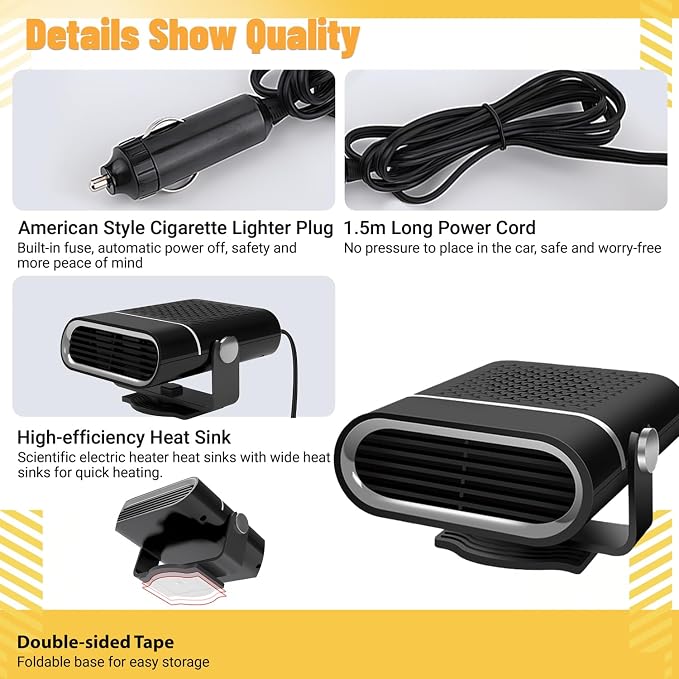 Car Heater - Portable Heaters for Vehicle, 12V 200W Plug in Cigarette Lighter Heaters, Windshield Defroster Window Demister, Auto Defogger With 360°Heating and Cooling for All 12 Volt Vehicles