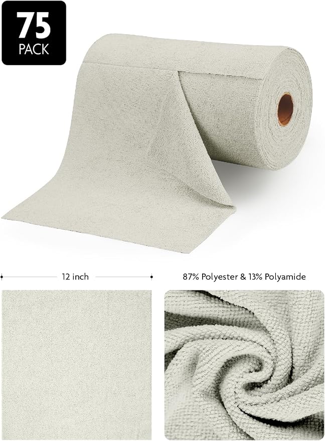 Microfiber Cleaning Cloth Roll- 75 Sheets, 12"x12" (CoolGrey) | Super Absorbent, Lint-free, Tear-away Microfiber Towel Roll, for All-Purpose Cleaning, Reusable Alternative to Paper Towels
