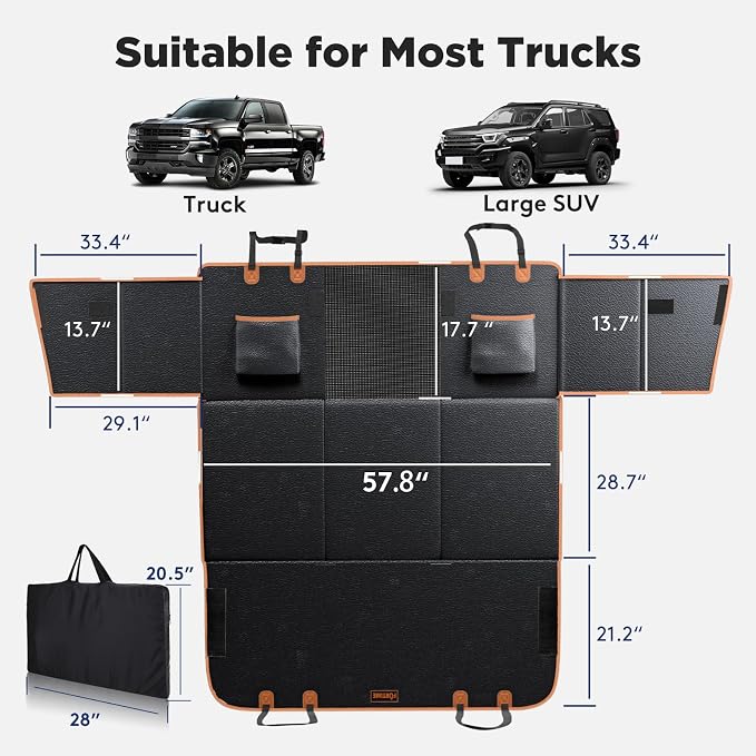 XL Back Seat Extender for Dogs, Hard Bottom Dog Car Seat Cover for Truck Back Seat, Upgraded PU Leather Waterproof Anti-Scratch, Large Space Back Seat Cover for Full Size Truck SUV