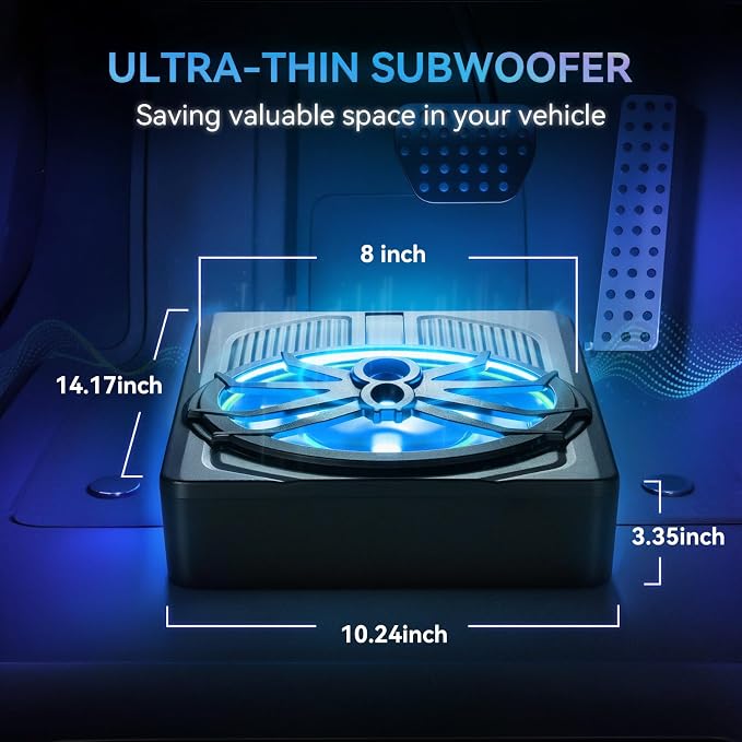 Andeman 1000W Smart Car Subwoofer with Remote & APP Dual Control - 10" Slim Under Seat Powered Bass, 16M RGB Color Lights, Built-in Amp & Hi/Lo Input for Car/Truck/SUV/Jeep/MPV