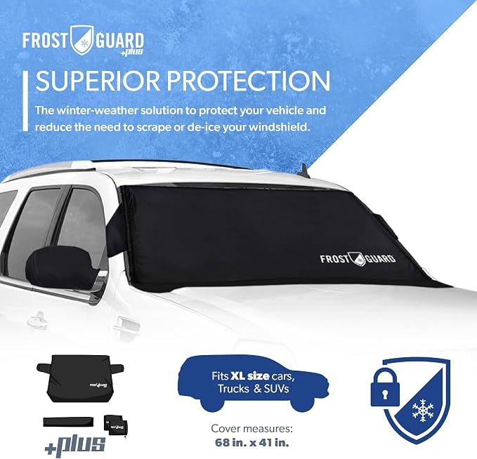 Plus | Winter Windshield Cover for Ice and Snow, XL Size (Black) - Built-in Security Panels, Wiper Blade Coverage + Mirror Covers - Fits XL Size Cars, Trucks and SUVs, 68 x 41 Inches