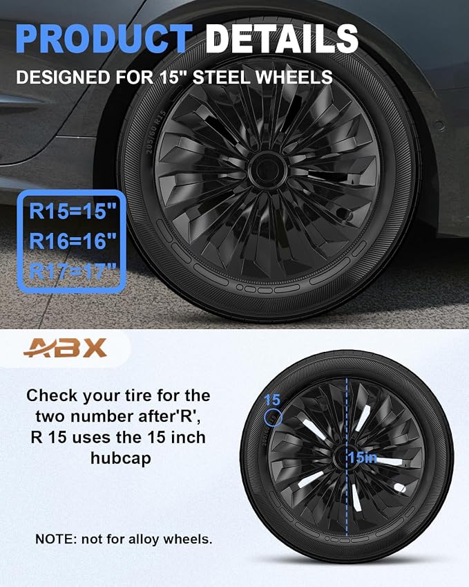 Hubcap Wheel Covers Hub Caps 15 Inch Set of 4 Black Universal Wheel Rim Cover R15 Stylish Car Decor Wheel Covers for Toyota Camry Nissan Mazda (TT Black, 15 inch)