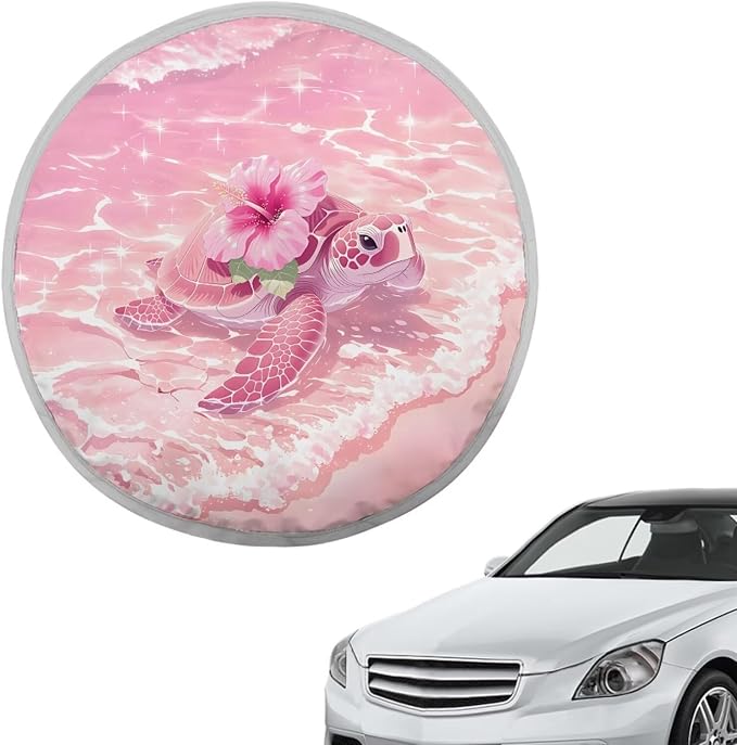 Pink Hibiscus Turtle Steering Wheel Sun Shade Cover Anti-Heat Aluminum Foil Steering Wheel Cover Sun Shade,Steering Wheel Sun Heat Shield for Car Truck SUV Van