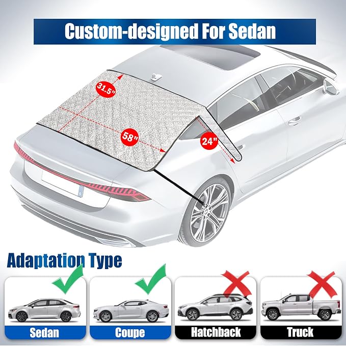 Car Rear Windshield Cover, 4-Layer Waterproof Back Window Protector for Ice and Snow Sun UV Rays Dust, Winter Hail Frost Shield, with Windproof Strap - Fits Most Sedans, SUV | Medium