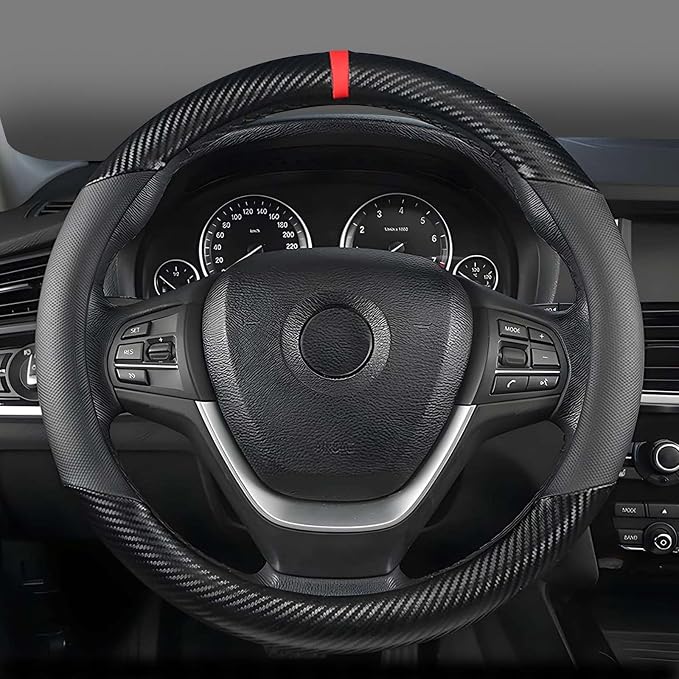 Customized Auto Car Steering Wheel Cover for Honda Civic, CR-Z, Insight, S2000, Small Size 14" - 14.25" Outer Diameter, Carbon Fiber, Black