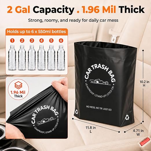 Disposable Car Trash Bags, 60 Count Stand-Up & Stick-On Car Garbage Bags, 2 Gallon Leakproof Odor Seal Heavy Duty Car Trash Can Alternative for Car SUV Truck