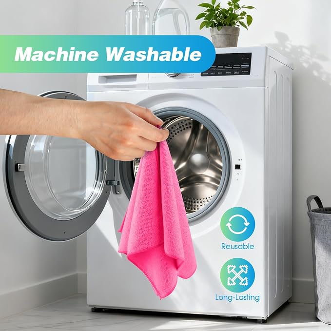 Pink Microfiber Cleaning Cloth, 24 Pack Absorbent Cleaning Rags, Lint-Free, Streak-Free Cleaning Towels for Car Kitchen House, 12"X11"