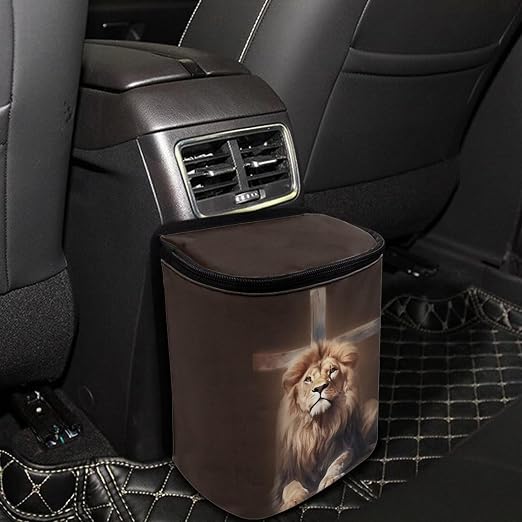 Lion Cross Print Car Trash Can with Lid, Leak Proof Auto Trash Bag Hanging Vehicle Garbage Can Multipurpose Storage Container for Back Seat Road Trip