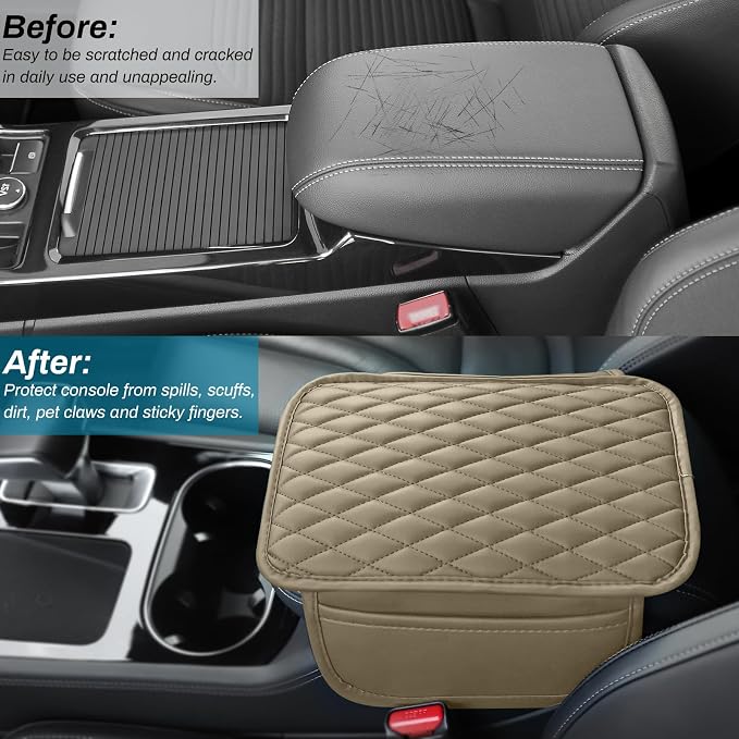 Car Center Console Cover Upgraded Microfiber Leather Car Arm Rest Cover with 2 Storage Bags Universal Armrest Cover for Car Storage Box Car Interior Accessories Protector for Most Vehicle-Beige