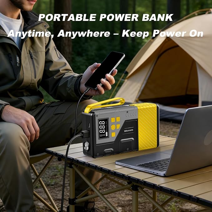 Portable Car Jump Starter with Air Compressor Tire Inflator Battery Jumper | Jump Box 3000A Peak and 150 PSI Air Pump,for 12L Gas & 10L Diesel Engines,LCD Display,LED Light