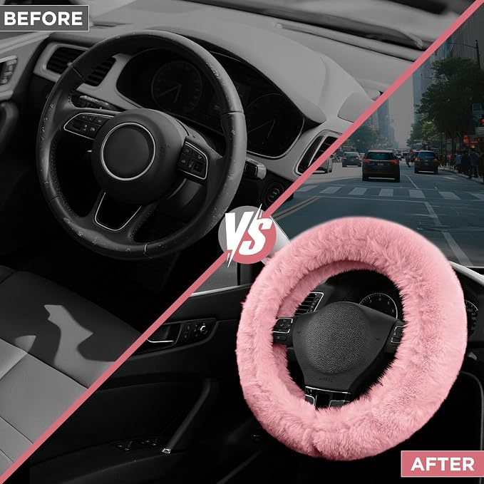 Steering Wheel Cover, Fluffy Car Wheel Covers for Women/Girls/Ladies，Soft Wool Fur Steering Wheel Protector, Universal 14 1/2 inches to 15 inches - Pink