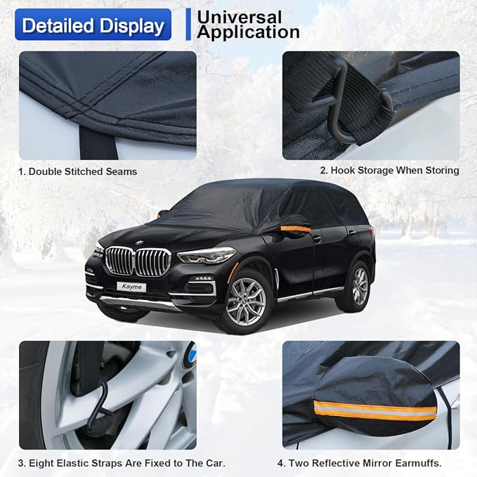Half Car Cover, Windshield Cover for Ice and Snow Top with Reflective Straps, Roof Cover Waterproof All Weather Dust, Sun Protection. Front Rear Window Cover Fit SUV. YXL (158'' to 167'')