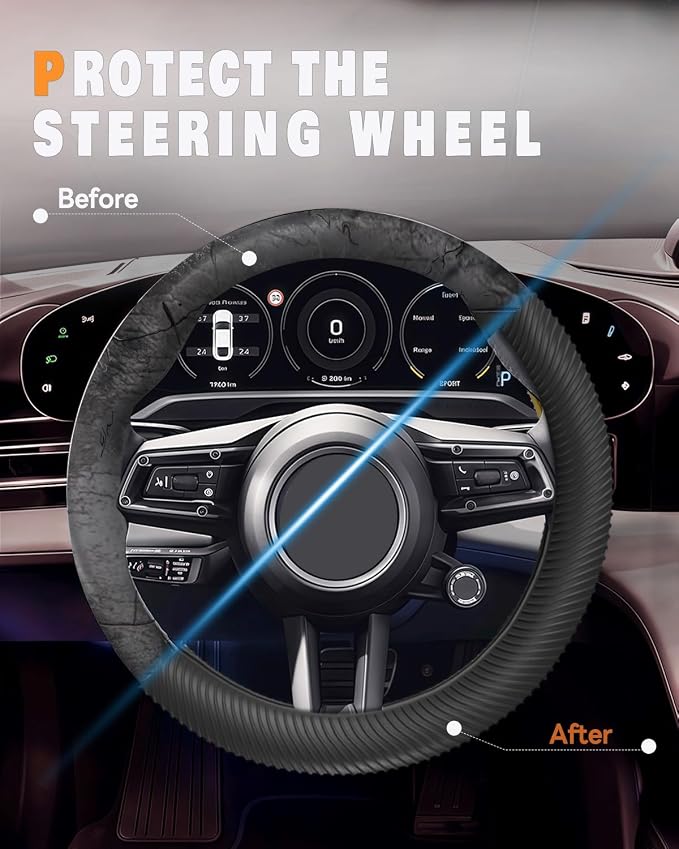 Car Steering Wheel Cover, Thin Anti-Skid Silicone Steering Wheel Cover for Men & Women, Universal Automotive Interior Accessories for Most Cars (Black)