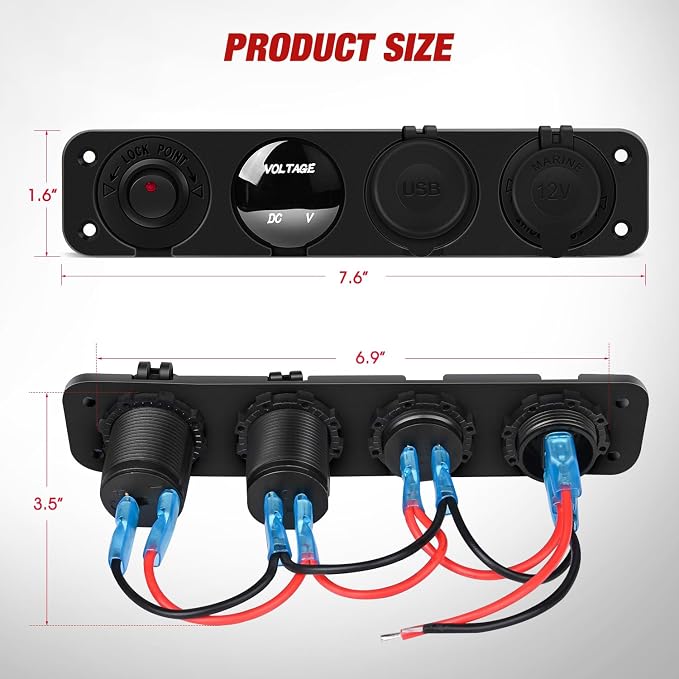 4 in 1 ON/Off Charger Socket Panel Dual USB Power Outlet LED Voltmeter Cigarette Lighter Socket Lighted ON Off Rocker Toggle Switch for Truck Car Marine Boats RV,2 Years Warranty