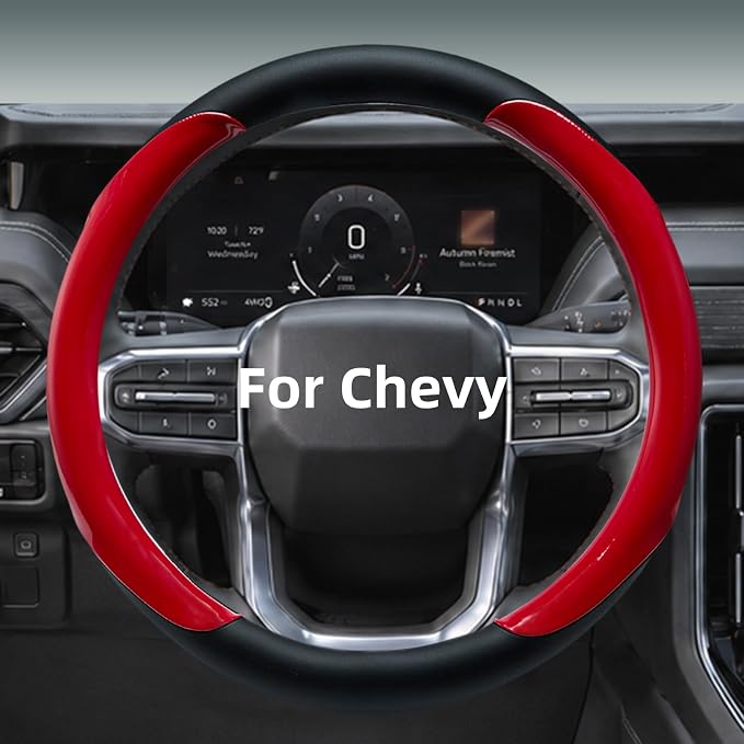 Leather Steering Wheel Cover for Chevy Silverado 1500 2500 3500, 14.5-15 inches Car Steering Wheel Cover with Non-Slip Breathable (Bright Red)
